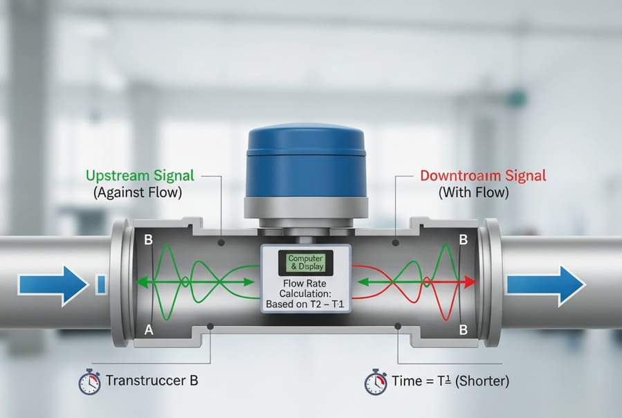Diagram showing how an ultrasonic water meter measures flow