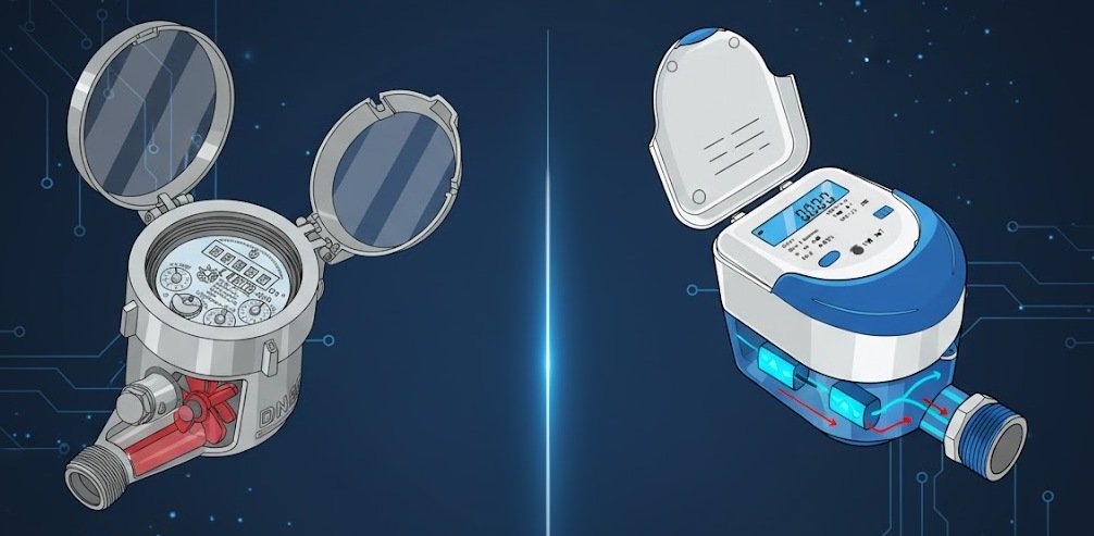 A side-by-side comparison of a mechanical and an ultrasonic water meter
